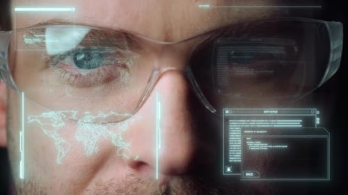 Digitale Hologramm-Brille für Unternehmer mit wichtigen globalen Datengrafiken