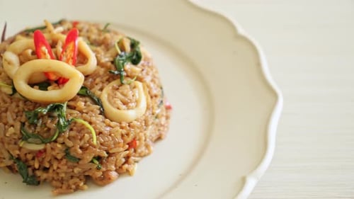 Delicious Stir Fried Rice with Squid and Vegetables