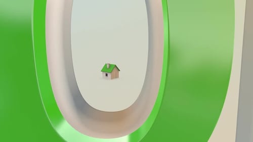 Small house with a green roof. Camera zoom out showing large `Sold` word.