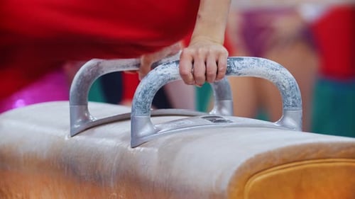 A Young Person Exercising on the Gymnastic Horse Leaning on the Handles