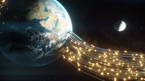 Wires Passing Through the Planet Earth and Giving It Energy. The Pulses Run Along the Fiber Optic