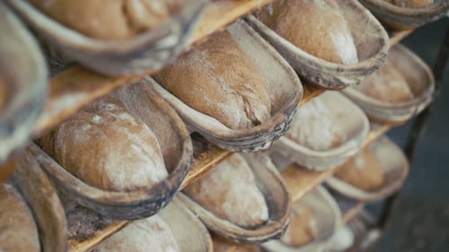 Shelves of Rustic Artisan Bread in Bowls