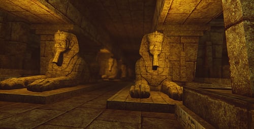 Mysterious Egyptian Temple with Sphinxes Fly Through Animation