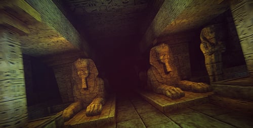 Animated Exploration of Ancient Egyptian Temple Corridor with Sphinxes