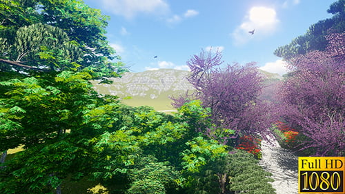 Animated Scenic Pathway Through Lush Gardens with Distant Mountains