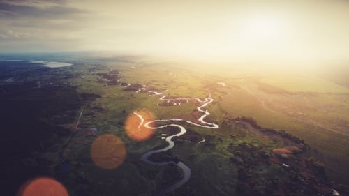 Aerial View: Beautiful River Landscape in Sunset