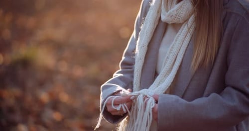 Portrait of Positive Female Walking in Woods in Autumn