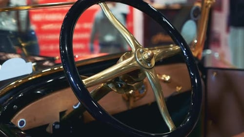 Steering Wheel of Antique Car Interior Close Up