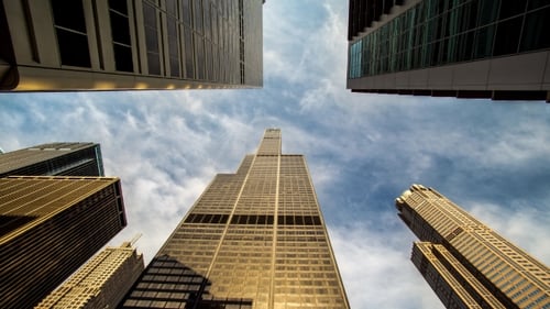 Skyscraper Timelaps, Sky and Clouds Reflection in a Tall Building, Time Laps