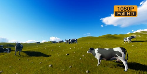 3D Animated Cows Grazing in a Green Pasture Landscape
