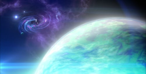 Futuristic Space Scene with Glowing Planet and Spiral Galaxy