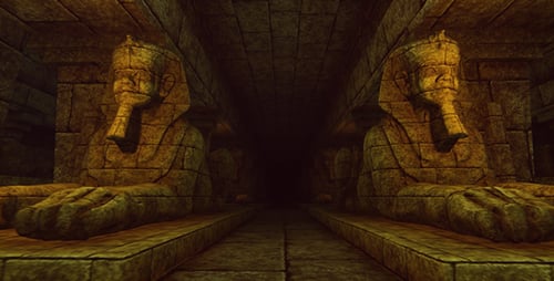 Ancient Egyptian Temple Corridor with Sphinx Statues Fly-Through