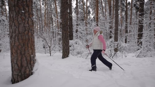 Elderly Woman Dressed in Winter Sport Clothes Quickly Goes on the Path Using Special Sticks for