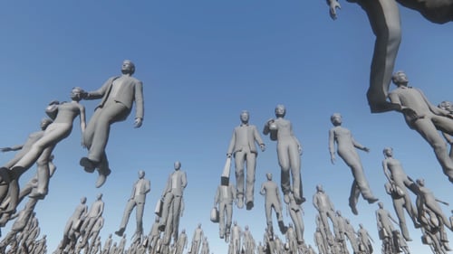 Surreal Abstract People Figures Floating and Falling in Blue Sky