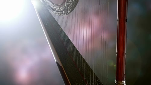 Elegant Golden Harp Instrument Reveal with Cinematic Lighting