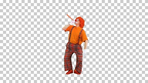 Clown with red nose blowing party horn, Alpha Channel