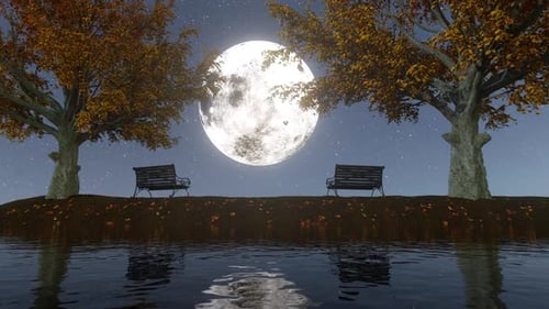 Moonlit Autumn Night with Trees and Benches by Water