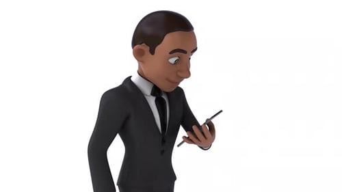 3D Business Character Walks And Texts On Mobile Phone
