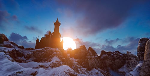 Fantastisches Schloss vor dem Hintergrund der untergehenden Sonne