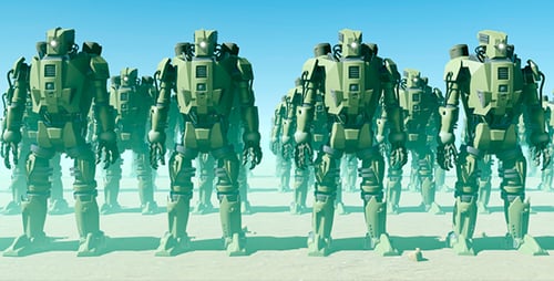Futuristic Robot Army Standing in Desolate Landscape