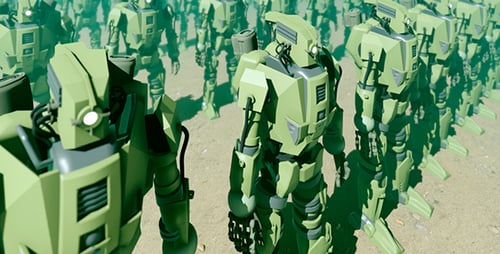 Futuristic Army of Green Robots Marching Across a Desert