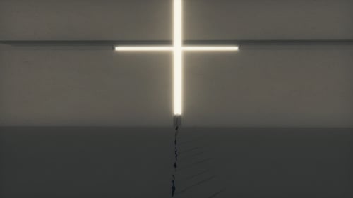 Pessoas caminhando em direção a uma enorme passagem transversal