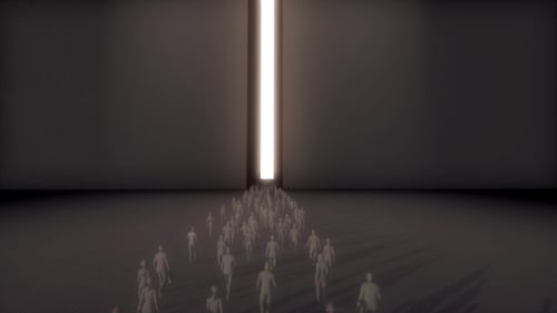 Tiny People Walking Towards a Huge Light Passage