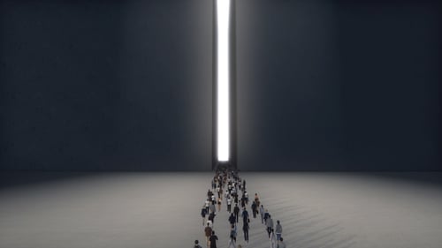 Minimalist Crowd Walking Towards a Bright Light Portal