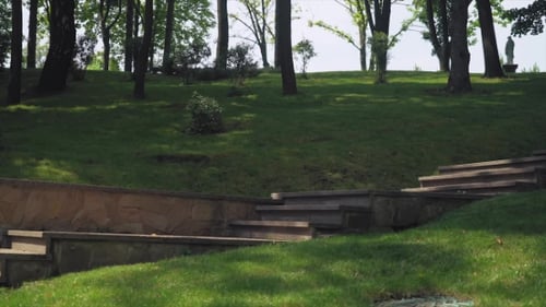 A Young Beautiful Lady Is Walking Up the Stairs in the Park.