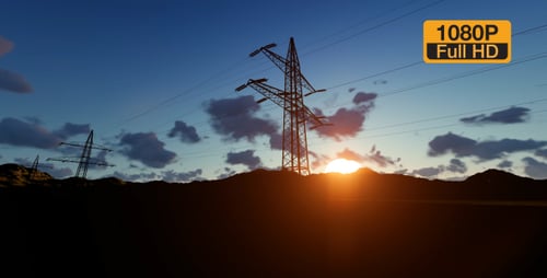 Electricity Pylons Silhouette at Sunset with Moving Clouds