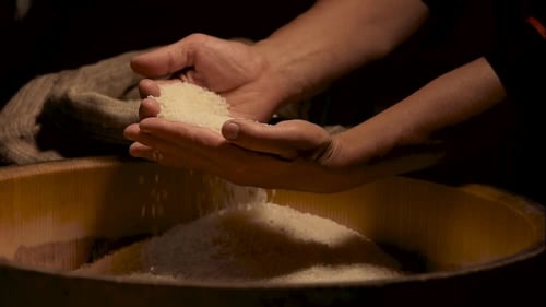 Hands Holding Rice Over Bowl Food Preparation