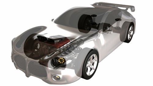 Auto mit sichtbarem Fahrgestell und Motor