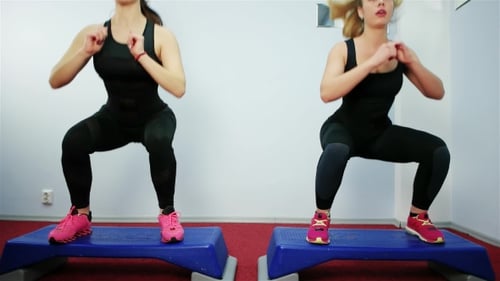 Female Group Doing Aerobics in Gym, Team of Slim Women Doing Exercise on Step Boards in Sport Class