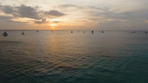 Beautiful Sunset Over Sea, Aerial View. Boracay Island Philippines.