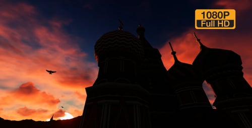 Dramatic Church Silhouette at Sunset with Flying Birds