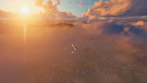 Realistic Drone Flight Over Mountains and Clouds at Sunset