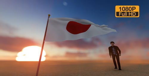 Japanische Flagge und wandelnder Mann