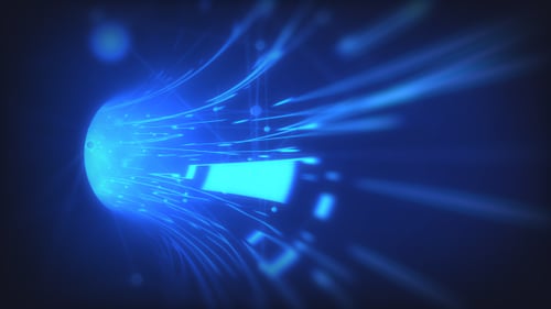 Futuristic Blue Digital Tunnel with Flowing Light Streaks