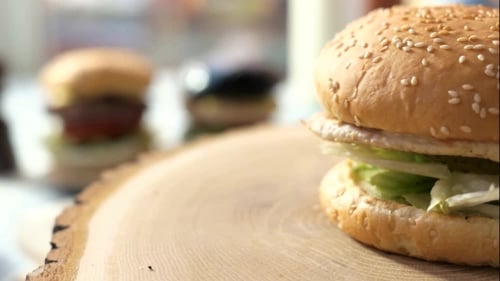 Close Up of Hamburger on Wooden Surface