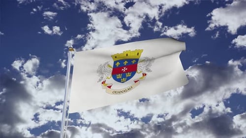 Realistic White Flag with Coat of Arms Waving Against Cloudy Sky