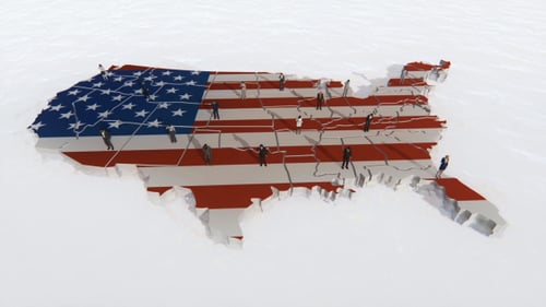 3D US Map with American Flag and Business People