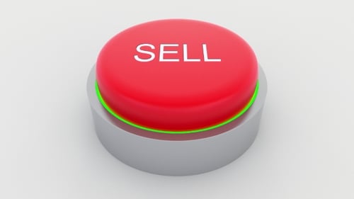 Big Red Button with Sell Inscription Being Pushed