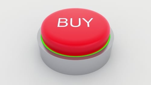 Big Red Button with Buy Inscription Being Pushed