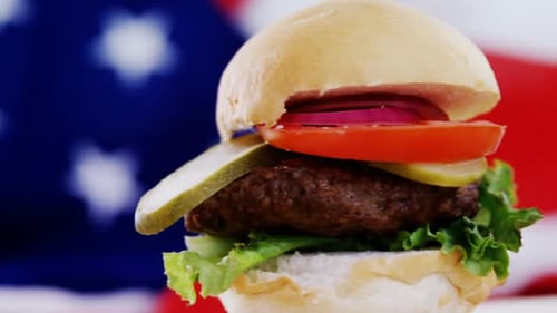 Close Up of Beef Burgers with USA Flag