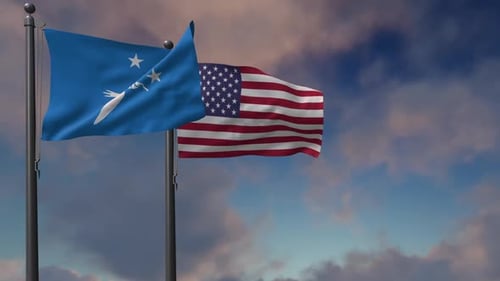 USA Flag and Midway Atoll Flag Waving in Realistic Wind