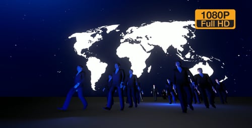 Corporate Business People Walking Across Global World Map