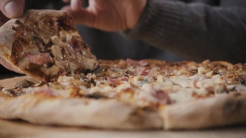 Of People Hands Taking Slices Pizza From Food Delivery Open Box. Tasty Service To Office