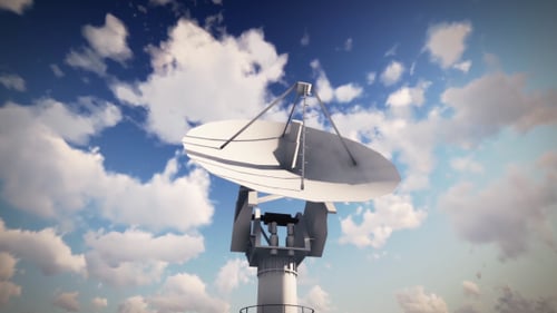 Rotating 3D Satellite Dish with Moving Clouds Communication Animation