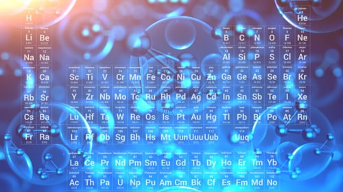 Animated Futuristic Periodic Table with Abstract Chemical Structures Background