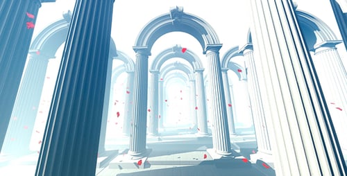 Columnas arquitectónicas blancas y pétalos rojos